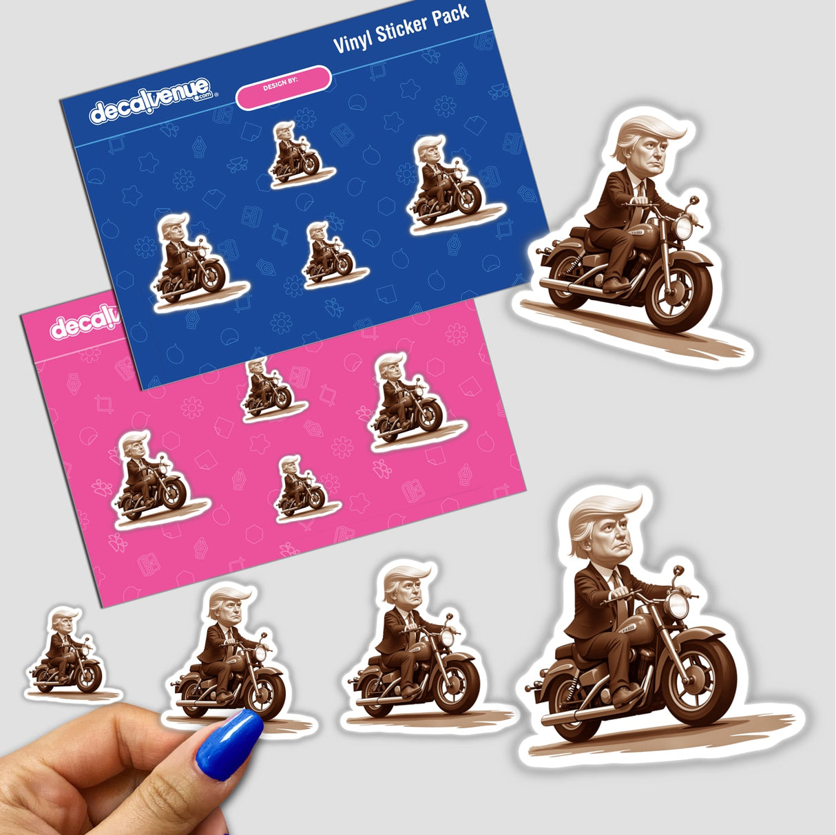 President Donald Trump on a Motorcycle sticker featuring a caricature of Trump riding a motorcycle, available as a vinyl sticker or digital artwork from Decal Venue.