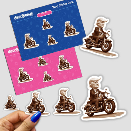 President Donald Trump on a Motorcycle sticker featuring a caricature of Trump riding a motorcycle, available as a vinyl sticker or digital artwork from Decal Venue.