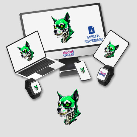 A Cool Undead Dog Skull design displayed on a computer monitor and laptop, showcasing its availability as stickers or digital artwork, featuring a green dog face with skeletal elements.