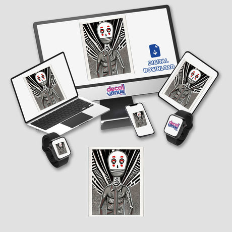 Skeleton-themed digital artwork displayed on a computer monitor and laptop screen, featuring a cartoon skeleton. Available as stickers or digital art.