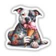 Tattooed Pitbull Dog with Colorful Floral Tattoos Holding Ice Cream Cone - Available as Stickers or Digital Download