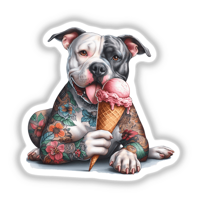 Tattooed Pitbull Dog with Colorful Floral Tattoos Holding Ice Cream Cone - Available as Stickers or Digital Download