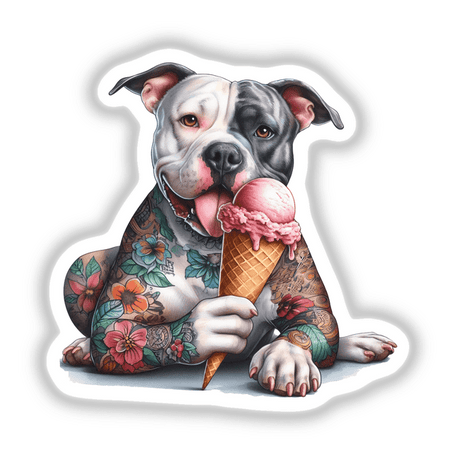 Tattooed Pitbull Dog with Colorful Floral Tattoos Holding Ice Cream Cone - Available as Stickers or Digital Download