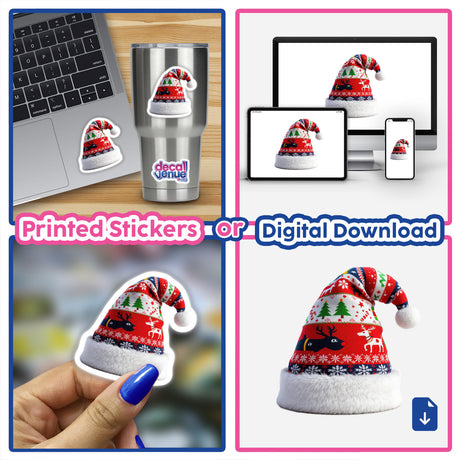 Santa Hat Ugly Christmas Sweater Style Sticker or Digital Artwork, featuring a festive reindeer and snowflake pattern, displayed on a laptop keyboard, highlighting Decal Venue's unique sticker and digital art offerings.