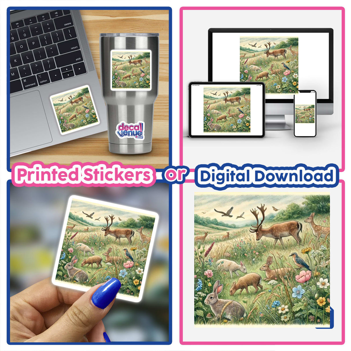 Collage showing Tranquil Meadow Retreat with animals like deer, rabbit, bird, and a digital download option, available as stickers or digital artwork.