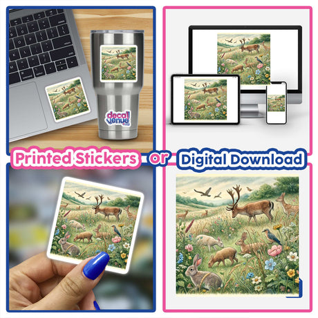 Collage showing Tranquil Meadow Retreat with animals like deer, rabbit, bird, and a digital download option, available as stickers or digital artwork.