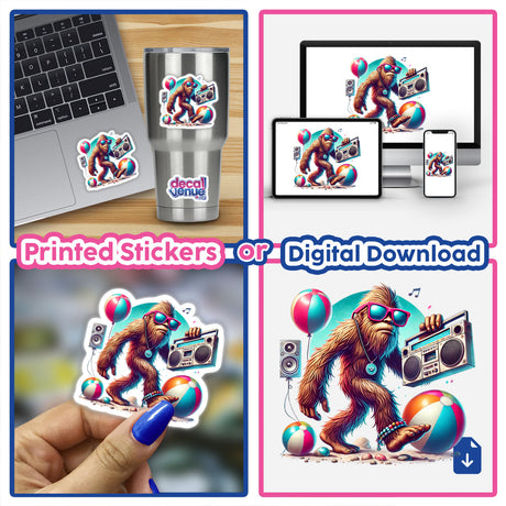 Colorful digital artwork featuring a Sasquatch figure enjoying the beach while holding a boombox, available as printed stickers or digital download format from DecalVenue.