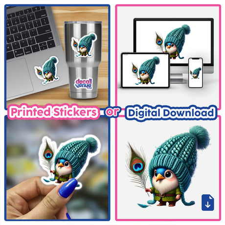 Peacock Gnome with Feather: A collage featuring a cartoon bird holding a peacock feather, showcased on stickers, laptops, and cups, available as stickers or digital artwork.