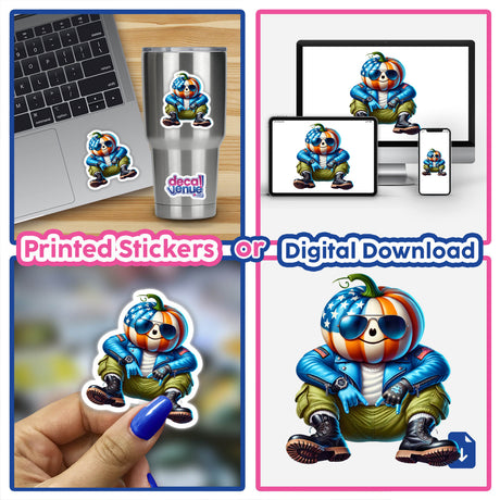 Patriotic Leather Pumpkin Head Aviator Sunglasses character collage, featuring stickers and digital artwork, including a pumpkin wearing sunglasses and a blue jacket, available at Decal Venue.