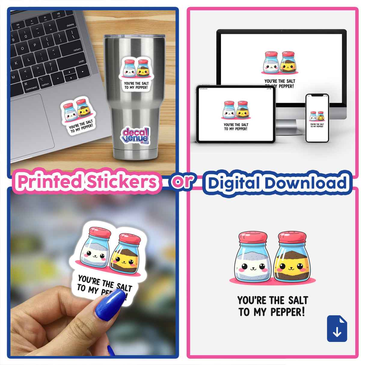 You're The Salt To My Pepper Funny Love Quote sticker, featuring cartoon salt and pepper shakers, shown on a laptop and a silver cup in a collage. Available as stickers or digital artwork.