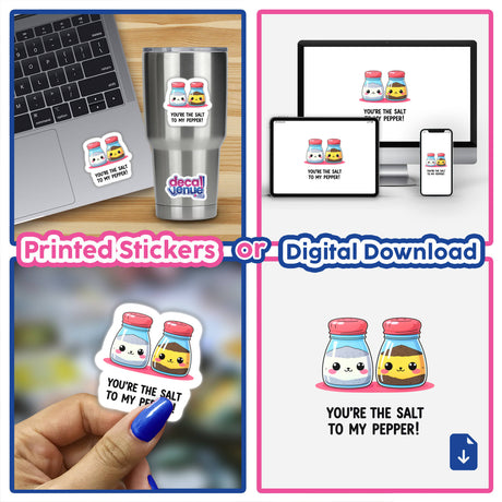 You're The Salt To My Pepper Funny Love Quote sticker, featuring cartoon salt and pepper shakers, shown on a laptop and a silver cup in a collage. Available as stickers or digital artwork.