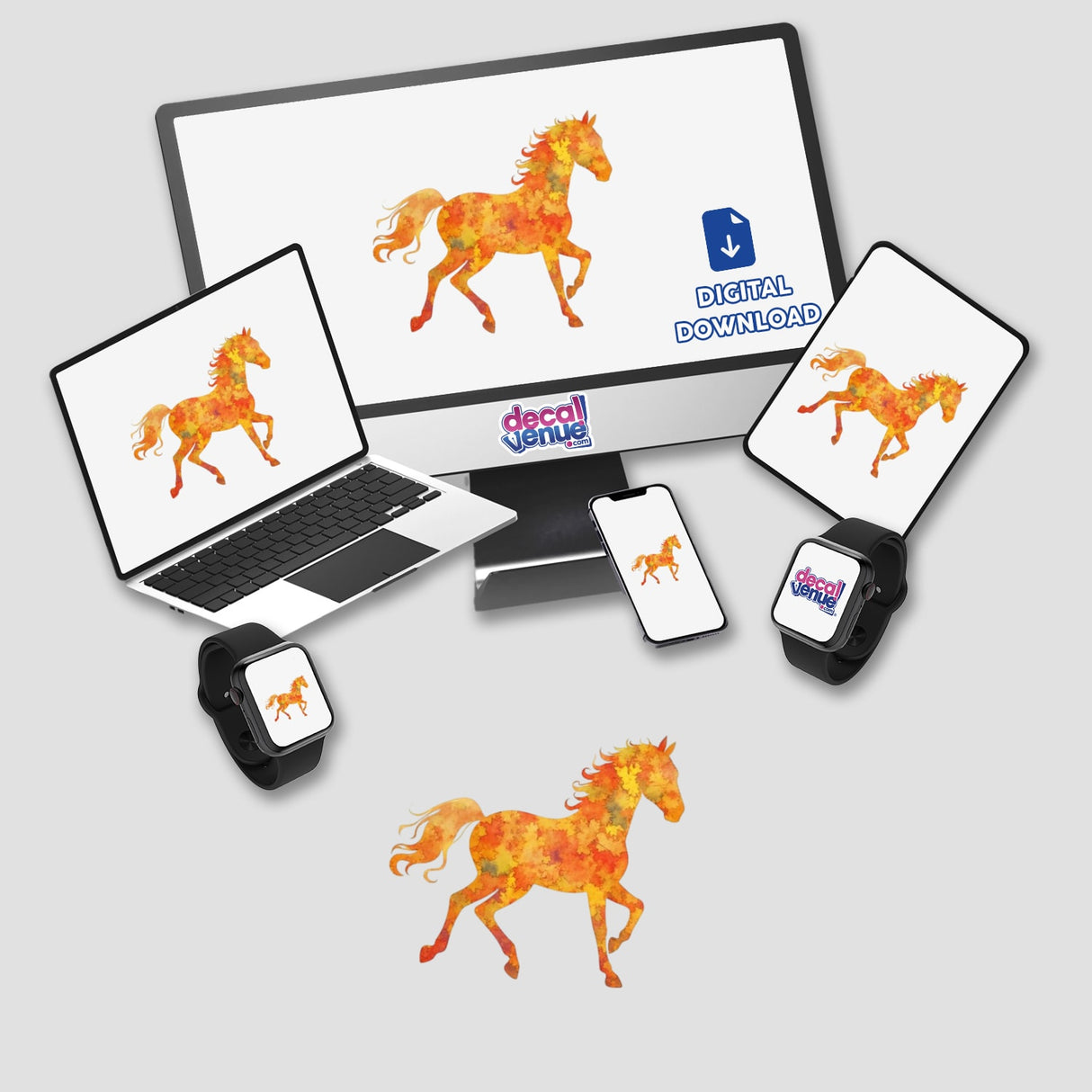 Galloping Horse Clipart on computer monitor and laptop screens, showcasing Fall Leaves Thanksgiving Aesthetic, available as Stickers or Commercial Rights Download from Decal Venue.