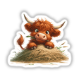 Highland Cow Peeking over Haystack