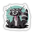 Amusing cartoon raccoon with wide-open mouth and surprised expression, on a vibrant teal background with a burst pattern.