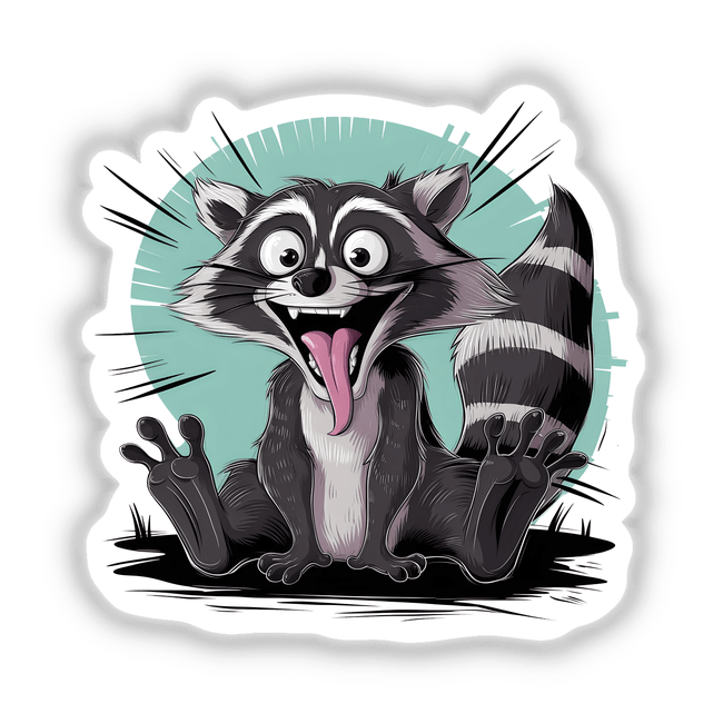Amusing cartoon raccoon with wide-open mouth and surprised expression, on a vibrant teal background with a burst pattern.