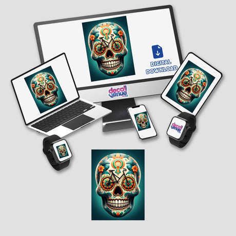 Spooky skeleton artwork displayed on a laptop, tablet, and phone, available as stickers or digital art from Decal Venue.