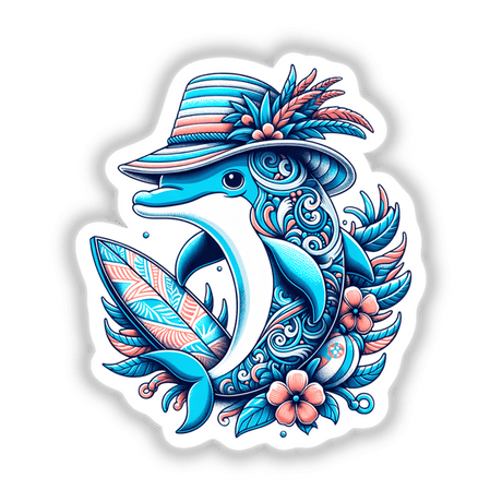 Dolphin in Summer Beach Hat with Surfboard