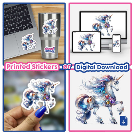 Unicorn Jewels and Gemstones: A collage showcasing detailed unicorn stickers adorned with colorful gems, including close-ups of stickers on fingers, laptops, and cups. Available as Decal Venue's unique stickers or digital art.