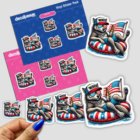 Wolf American Flag Float Merica sticker: A cartoon wolf on an inflatable tube holding a beer and flag.