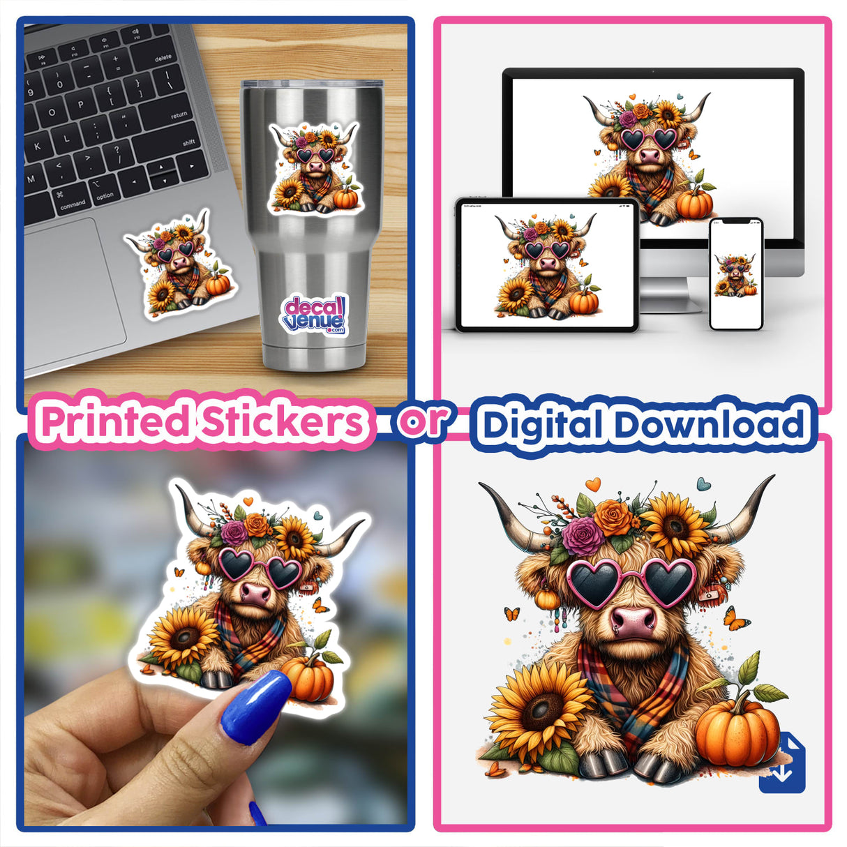Collage of Fall Highland Cow with sunflowers, pumpkins, sunglasses, and a hat, available as stickers or digital artwork from Decal Venue.