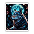 Digital art titled A Wolf In The Night With A Bright Moon, depicting a wolf gazing at the moon with stars in the background, available as stickers or digital artwork.