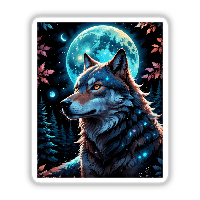 Digital art titled A Wolf In The Night With A Bright Moon, depicting a wolf gazing at the moon with stars in the background, available as stickers or digital artwork.
