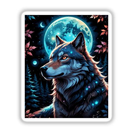 Digital art titled A Wolf In The Night With A Bright Moon, depicting a wolf gazing at the moon with stars in the background, available as stickers or digital artwork.