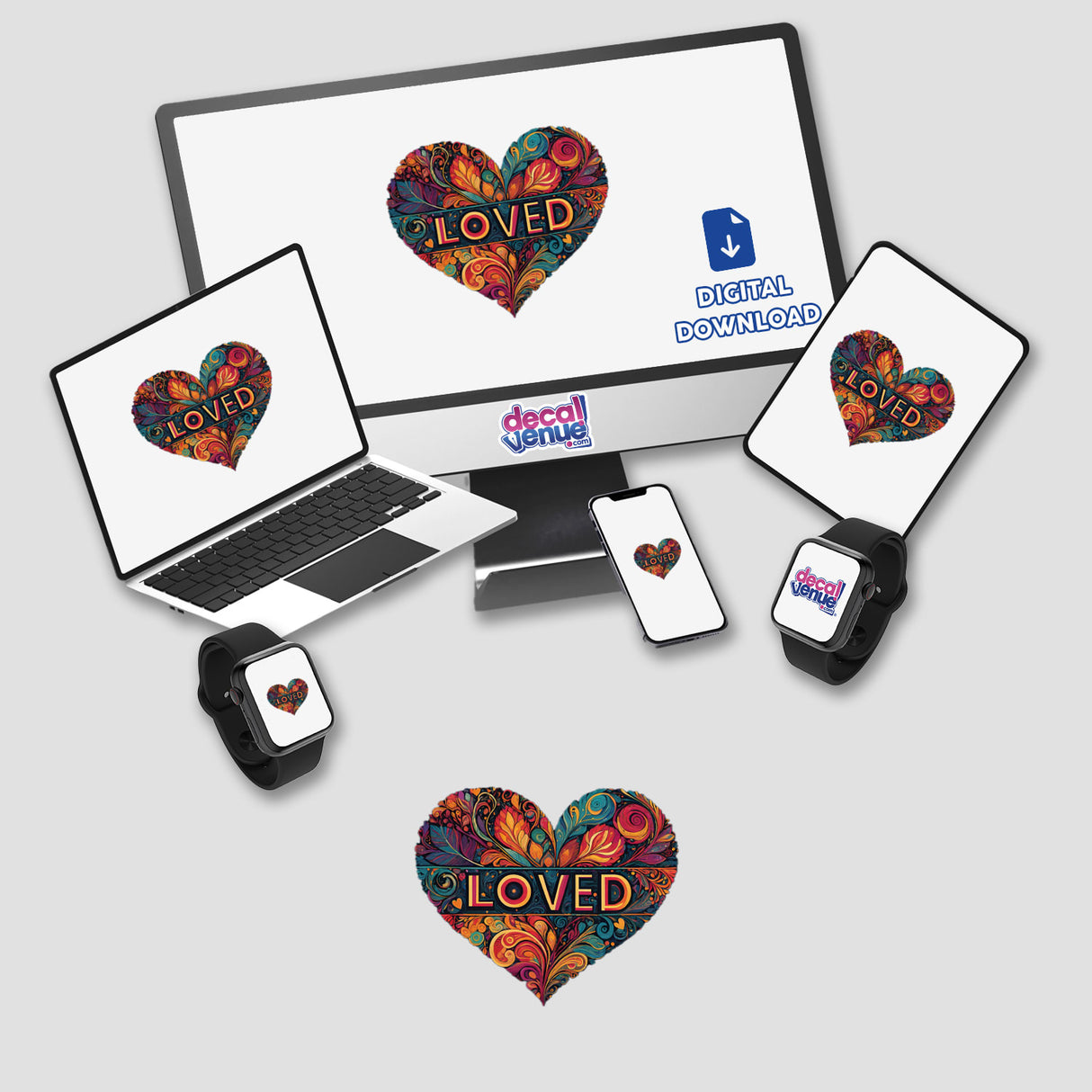 Colorful heart-shaped illustration of the word "Loved" on various digital devices, including laptop, smartphone, and smartwatch, showcasing a digital artwork product from the Decal Venue store.