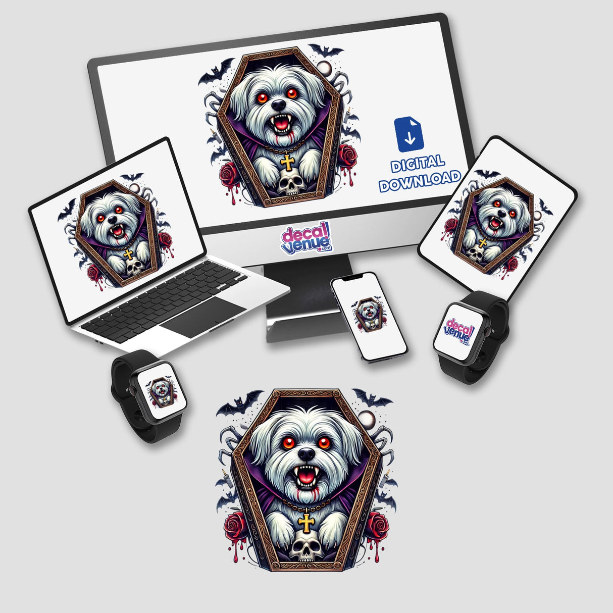 Playful Maltese dog in vampire-themed digital artwork on various electronic devices by Decal Venue store