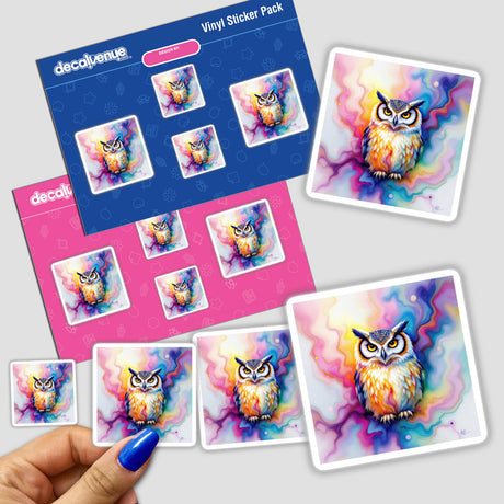 Owl Alcohol Ink Design sticker featuring a detailed, colorful owl illustration with prominent yellow eyes, available as a sticker or digital artwork from Decal Venue.