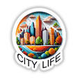 Vibrant digital artwork featuring a colorful cityscape with modern skyscrapers, rolling hills, and a serene river in the foreground depicting the "City Life" concept.