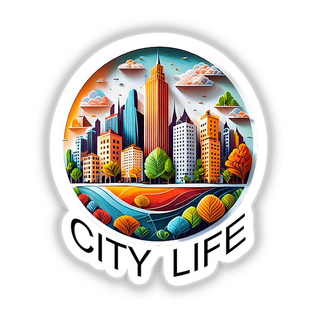Vibrant digital artwork featuring a colorful cityscape with modern skyscrapers, rolling hills, and a serene river in the foreground depicting the "City Life" concept.