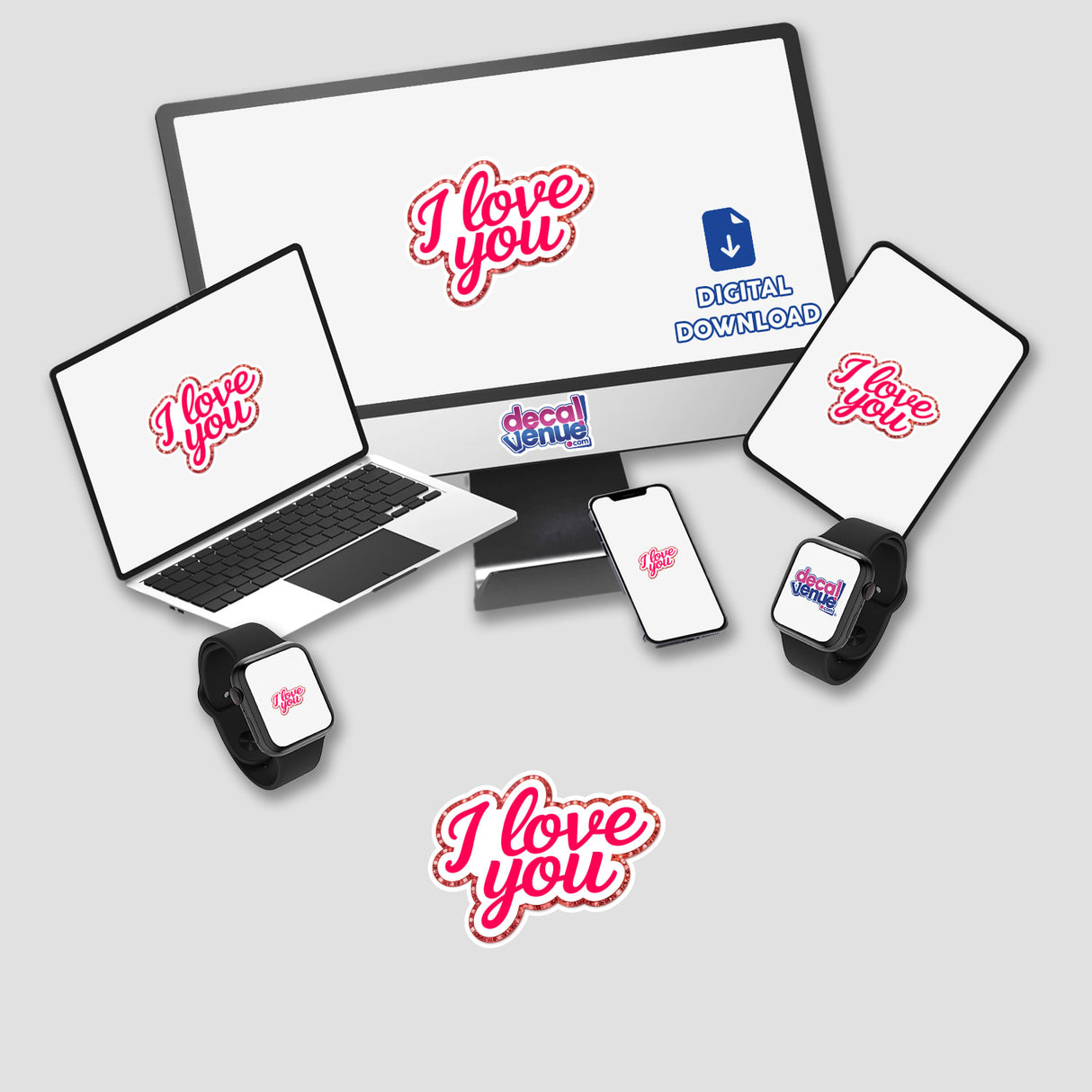 I Love You design featured on a laptop screen, available as stickers or digital artwork, showcasing Decal Venue's unique creativity.