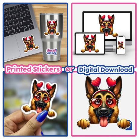 Peeking German Shepherd Cupid Dog sticker collage featuring the dog with heart-shaped sunglasses and headband, showcased on a laptop and a silver cup, highlighting its playful and versatile design.