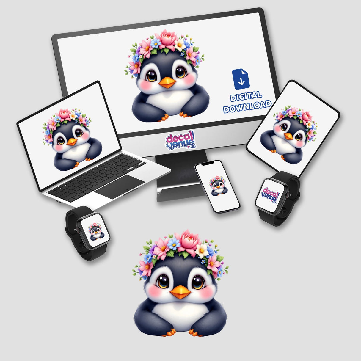 Adorable Penguin with a Spring Flower Crown on laptop and monitor screens, showcasing whimsical sticker and digital art, perfect for planners and walls.