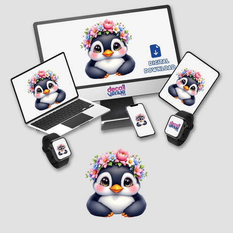 Adorable Penguin with a Spring Flower Crown on laptop and monitor screens, showcasing whimsical sticker and digital art, perfect for planners and walls.