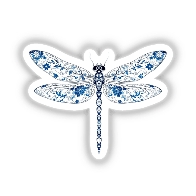 Chinoiserie Dragonfly sticker or digital artwork featuring a detailed blue and white dragonfly design, embodying Decal Venue's unique aesthetic of intricate and creative insect-themed art.