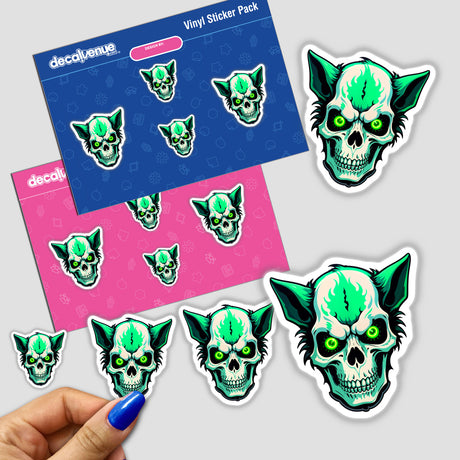 Stickers featuring a Hybrid Human Dog Skull design, displayed alongside cartoon skulls and cats, available as either vinyl stickers or digital artwork.