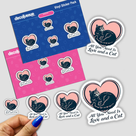 Cat love sticker featuring a cartoon of a cat curled up on a heart, available as a vinyl sticker or digital artwork from Decal Venue.