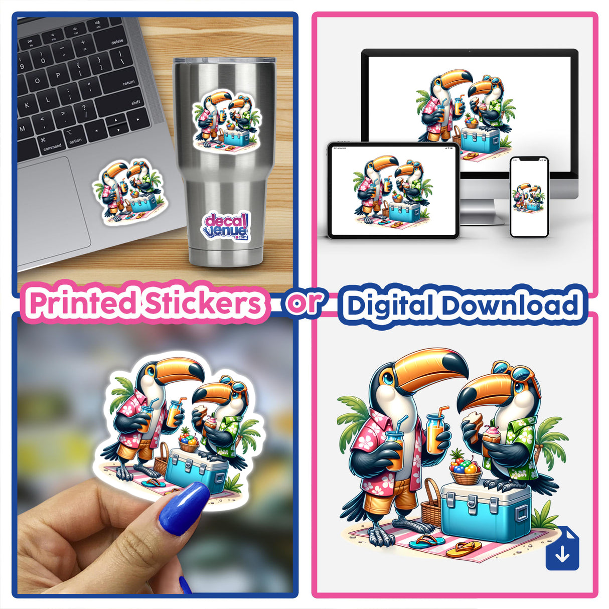 Toucan Birds Having a Picnic sticker on a laptop, featuring two cartoon toucans on a beach with drinks, available as stickers or digital artwork.