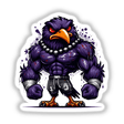 Muscular Purple Flocked Raven Football Bird cartoon, featuring red eyes and claws, depicted in a dynamic pose, available as stickers or digital artwork from Decal Venue.