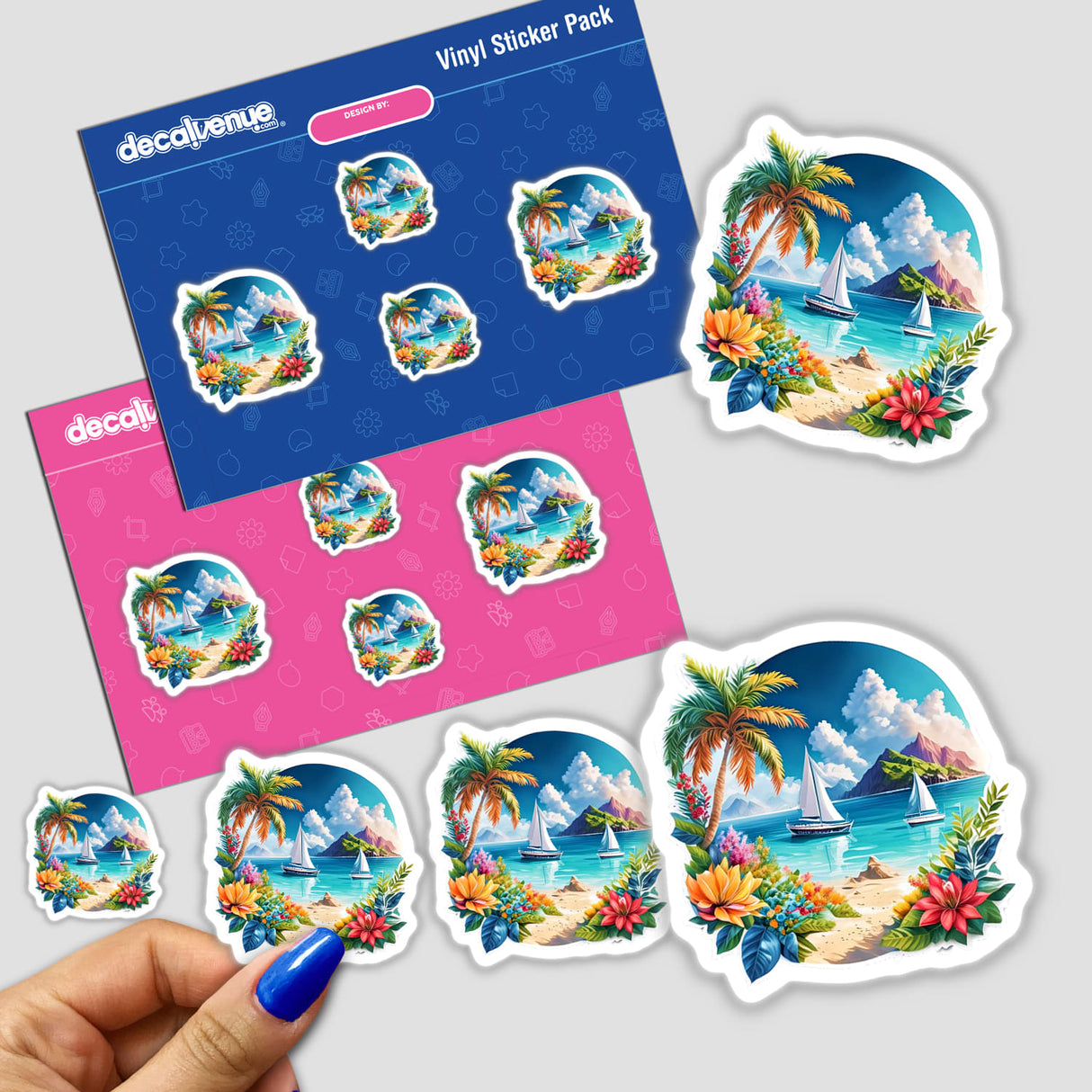 Tropical beach scene with palm trees, sailboats, and colorful flowers displayed on a vinyl sticker pack from Decal Venue, a store that offers unique stickers and digital art.