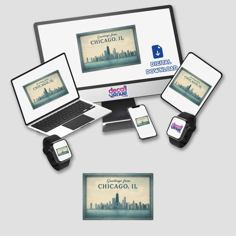 Greetings from Chicago Postcard Sticker or Clipart with Commercial Rights - Vintage Skyline Art showcases a retro Chicago skyline design, available as a sticker or digital clipart.
