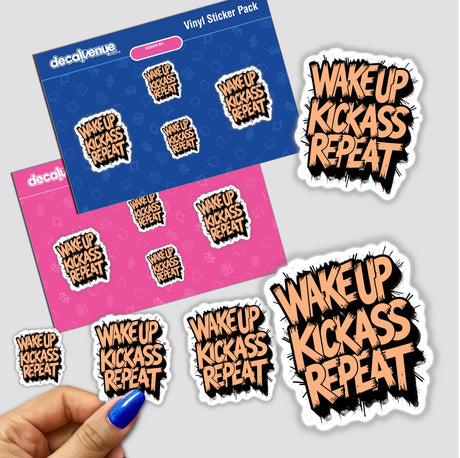 Wake Up Kick Ass Repeat Funny Quote sticker set, featuring unique vinyl designs, with a close-up of a hand holding stickers, reflecting Decal Venue's distinct style in vinyl and digital art.