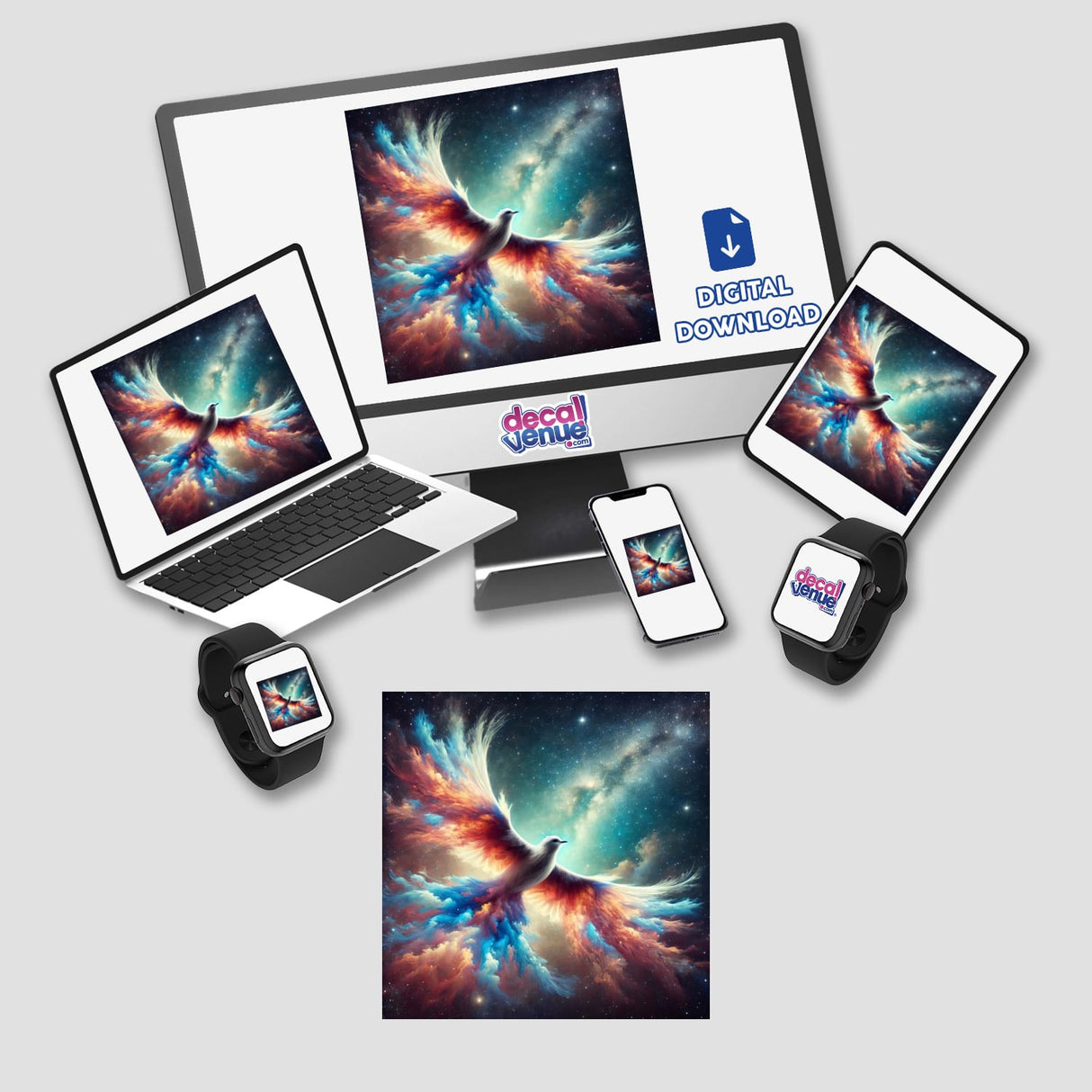 Nebula Wing - Bird in Flight with Cosmic Feathers displayed on a computer monitor, laptop, tablet, and phone, showcasing vibrant digital artwork of a bird with colorful wings.
