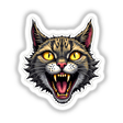 Gato Tigrado sticker features a cartoon cat with its mouth open, showcasing fangs, whiskers, and a playful expression. Available as stickers or digital artwork.