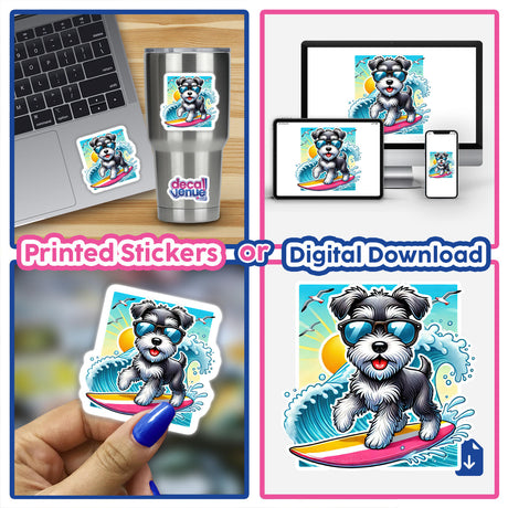 Cool Schnauzer Surfing with Sunglasses – Summer Beach Dog: A schnauzer rides a surfboard, wearing sunglasses, amid seagulls and splashes, embodying summer fun and adventure. Ideal for beach-themed stickers or digital art.