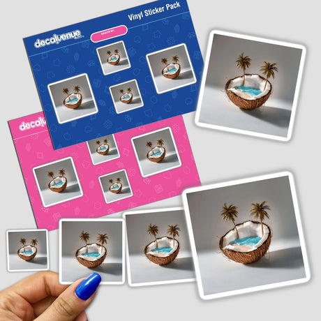 Hand holding a sticker pack of Tropical Beach Coconut featuring coconut bowls with palm trees and serene ocean scenes.