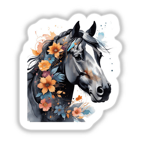 Beautiful Horse Portrait Floral Accents PA12: A detailed painting of a horse with flowers woven into its mane, available as stickers or digital artwork from Decal Venue.