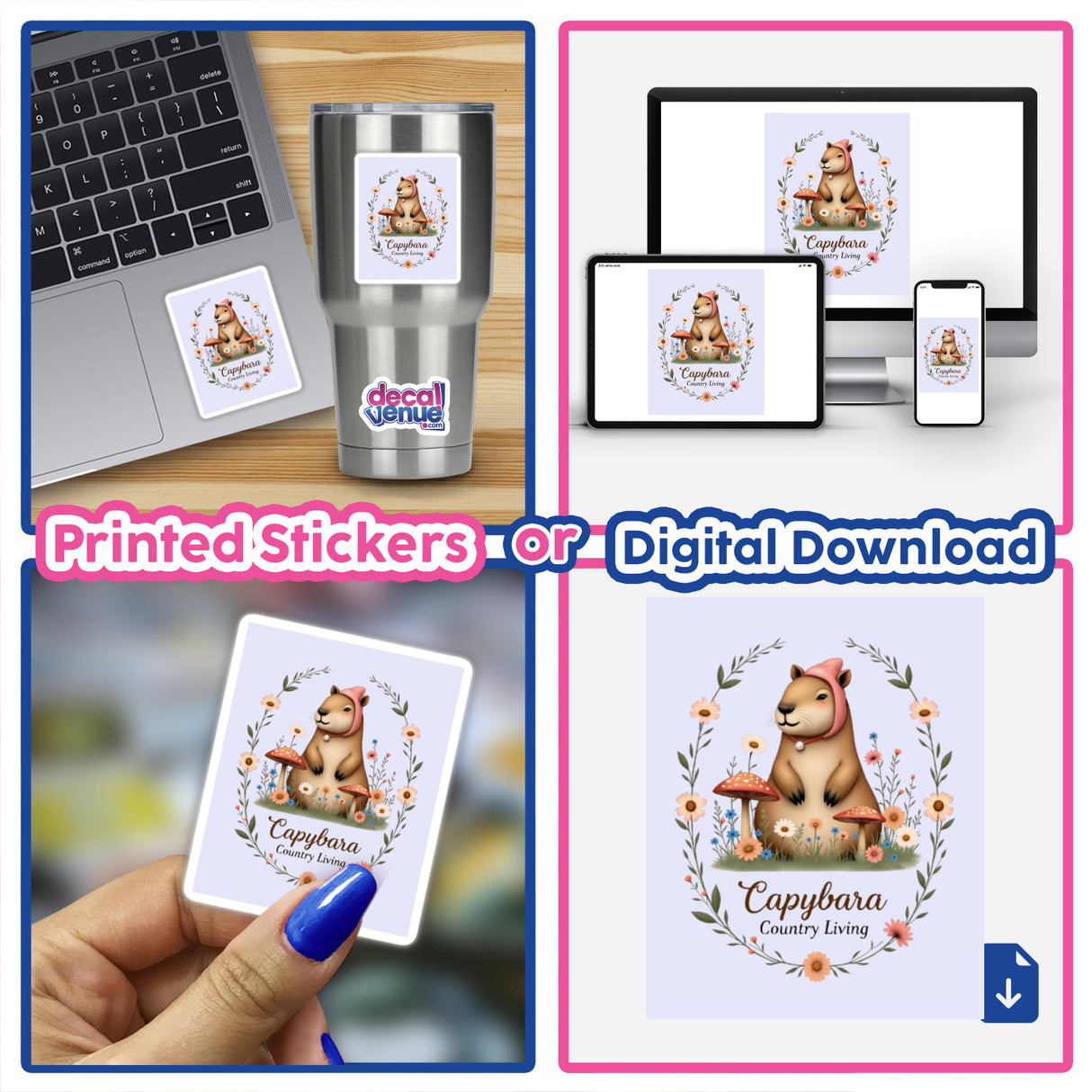 Capybara Country Living Sticker or Clipart showcases a cute capybara in nature, perfect for stickers or digital artwork, available with commercial rights.